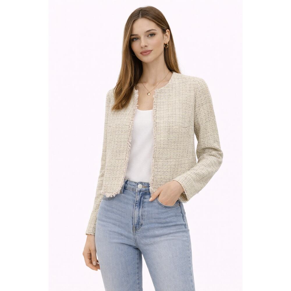 Banana Republic Tweed Jacket Frayed Edge Collarless Multi Color Size 14